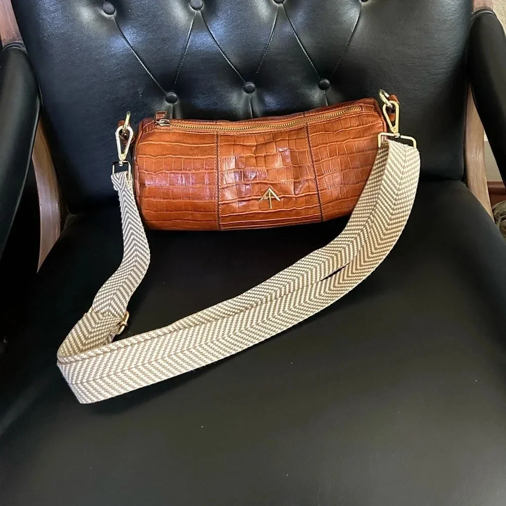 Manu Atelier Shoulder Bag  Brown Leather Gold-Tone Hardware ChainLink wide strap